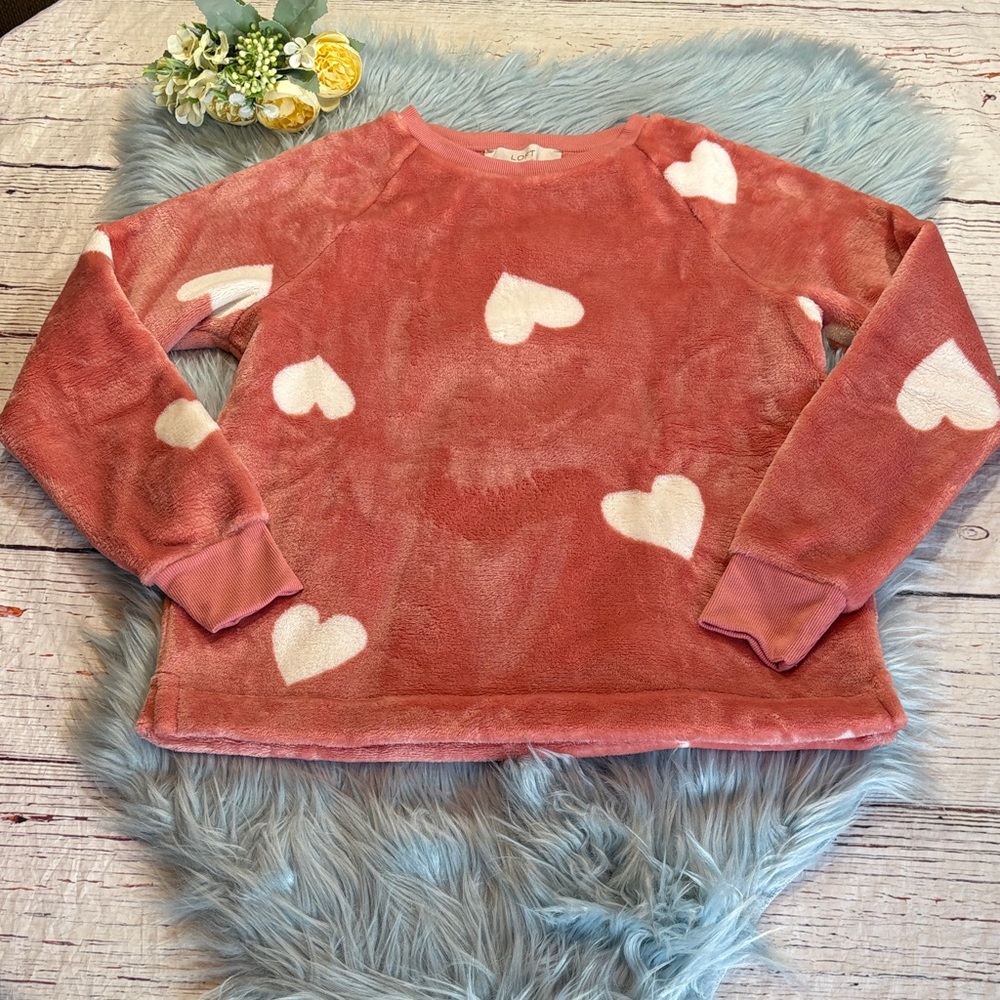 LOFT Dusty Rose White Heart Velour Pullover Sweatshirt sz XXS